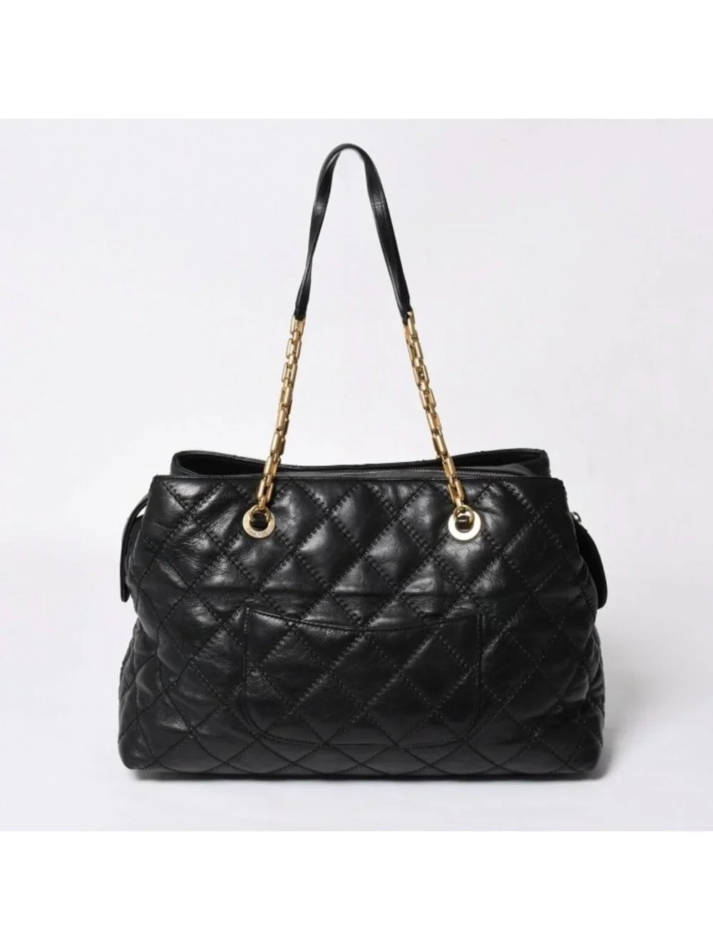 Chanel Chain Tote Bag CC Logo Quilted Leather Black Gold